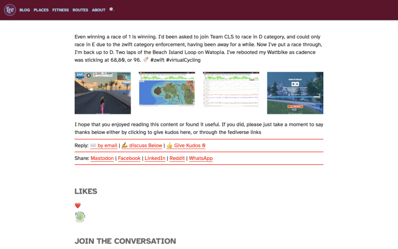 Screenshot of this website showing simple share to Mastodon / Facebook etc links at the bottom of each post.