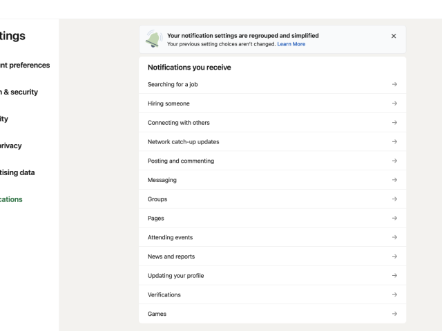 Screenshot of the Linkedin notifications settings page