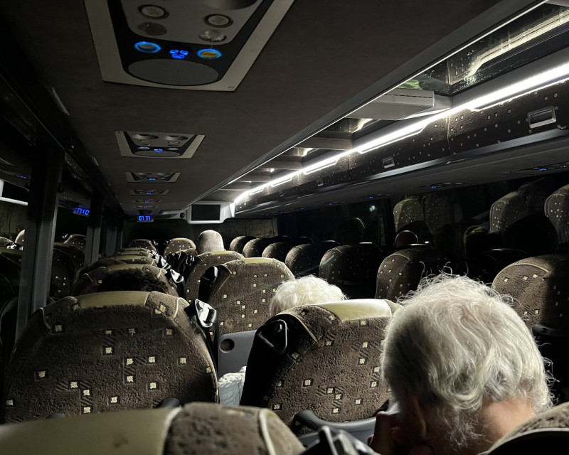 Internal night view of coach parked at Turf Moor