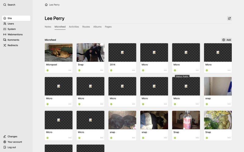 Admin console view of new Kirby CMS dashboard with new microblog section