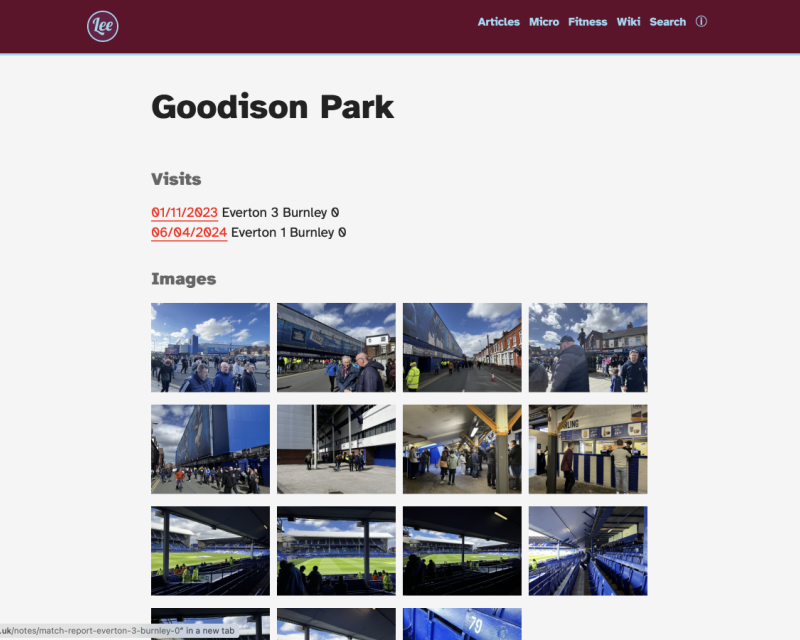 Screenshot of a stadium page in my digital garden with automated lists of visits, and auto generated gallery.