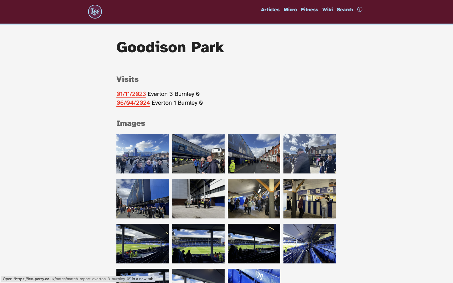 Screenshot of a stadium page in my digital garden with automated lists of visits, and auto generated gallery.