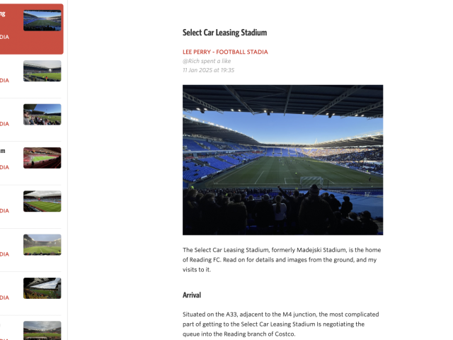 Screenshot showing the football stadium feed from my digital garden inside the unread RSS reader.