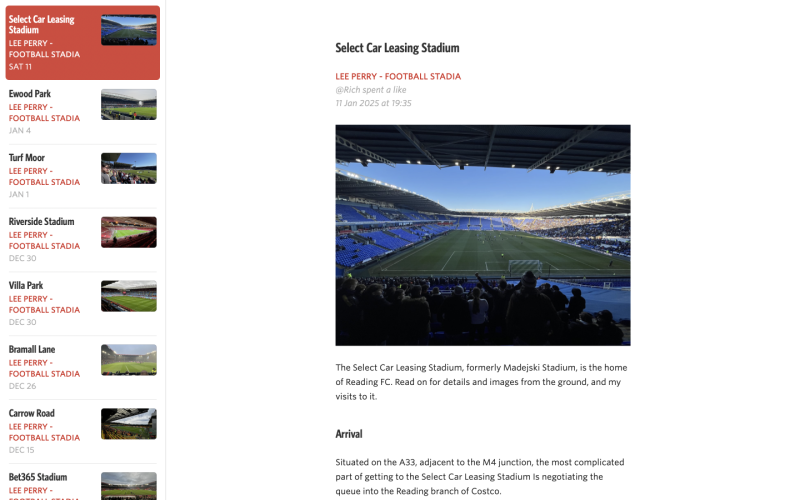 Screenshot showing the football stadium feed from my digital garden inside the unread RSS reader.