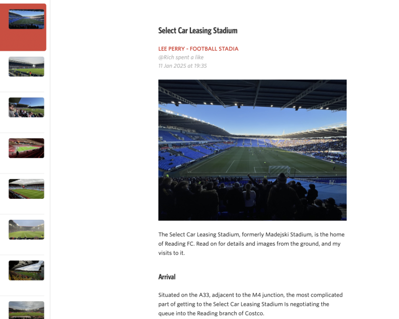 Screenshot showing the football stadium feed from my digital garden inside the unread RSS reader.