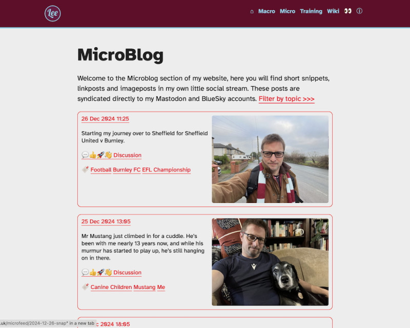 Screenshot of the microblog page on my website with a couple of image posts at the top.