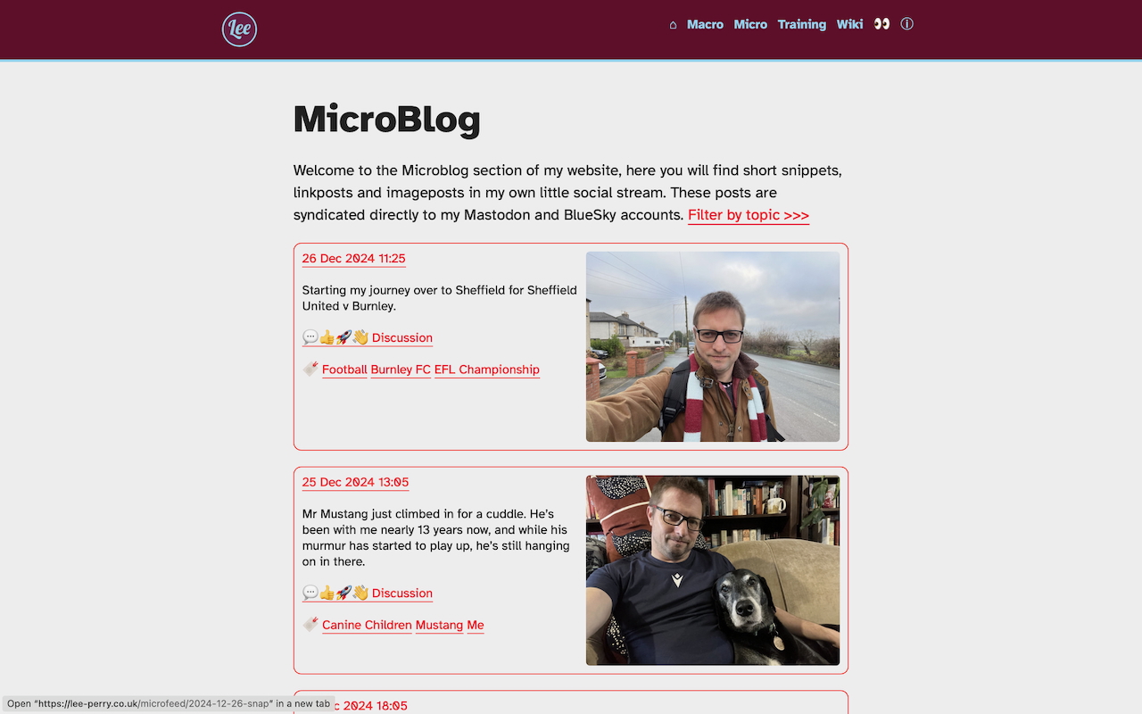Screenshot of the microblog page on my website with a couple of image posts at the top.