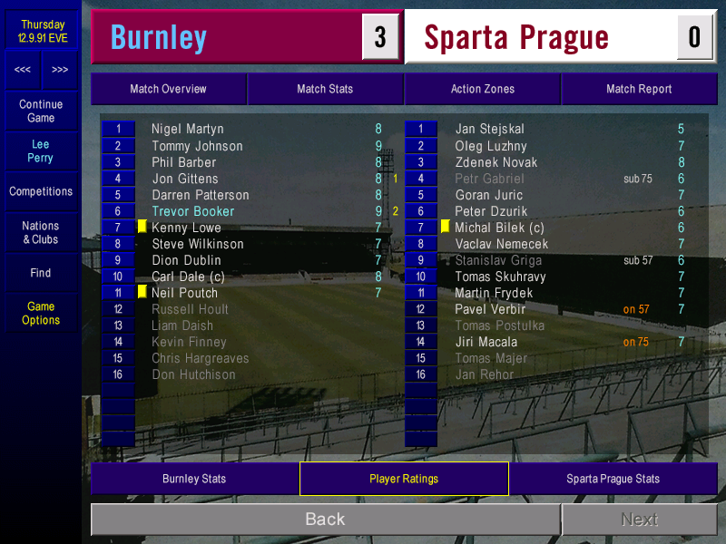 Screenshot of championship Manager 89 gameplay with Burnley defeating Sparta Prague 3-0 on their return to European Football.
