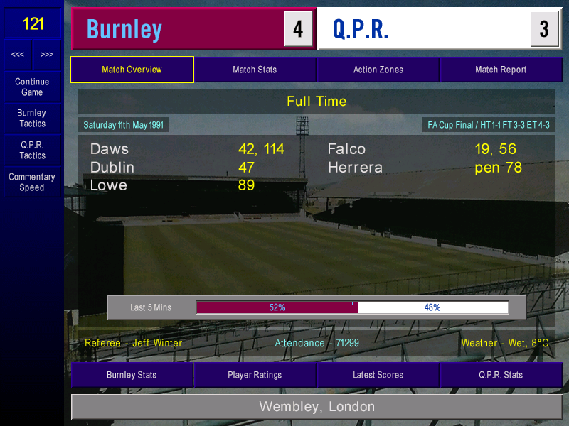 Screenshot of championship Manager 89 gameplay with Burnley defeating QPR 4-3 after extra time in the 1991 FA Cup Final
