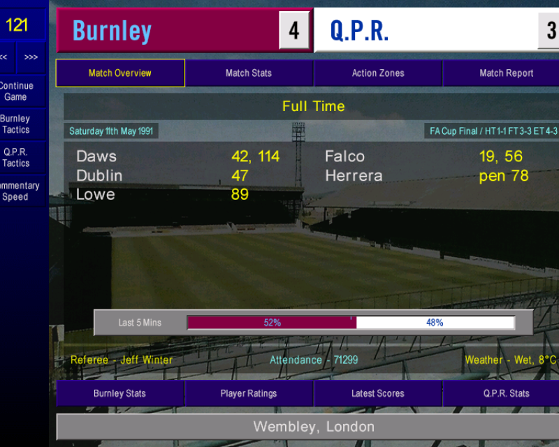 Screenshot of championship Manager 89 gameplay with Burnley defeating QPR 4-3 after extra time in the 1991 FA Cup Final
