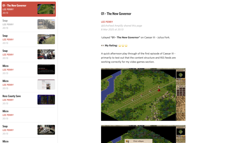 Screenshot of Unread feedreader showing numerous articles from my website positing together following a feed update.