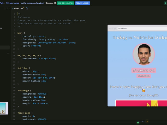 Screenshot from Scrimba, with code to the centre, file system to left, and output in a modal to the right of the screen