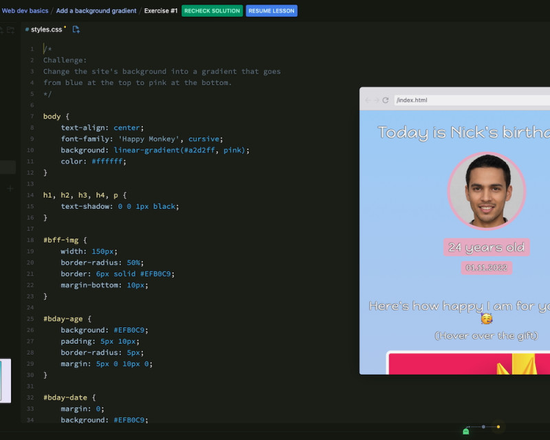 Screenshot from Scrimba, with code to the centre, file system to left, and output in a modal to the right of the screen