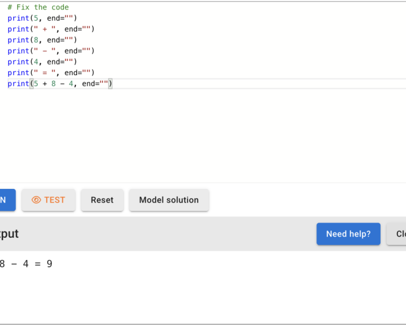 Screenshot of the mooc.fi IDE demonstrating how multiple print functions can produce a single line of output