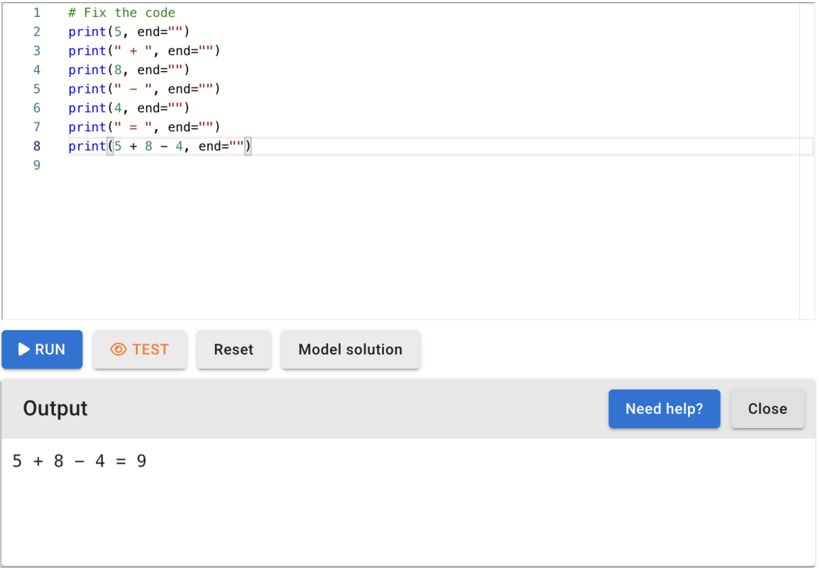 Screenshot of the mooc.fi IDE demonstrating how multiple print functions can produce a single line of output