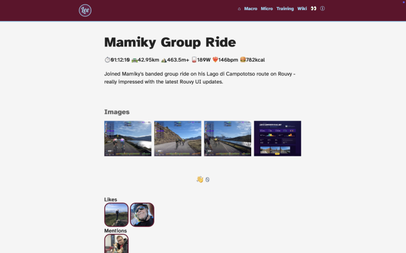 Screenshot from my website showing more fun run and ride activity data at the top of each page with appropriate emojis for each metric.