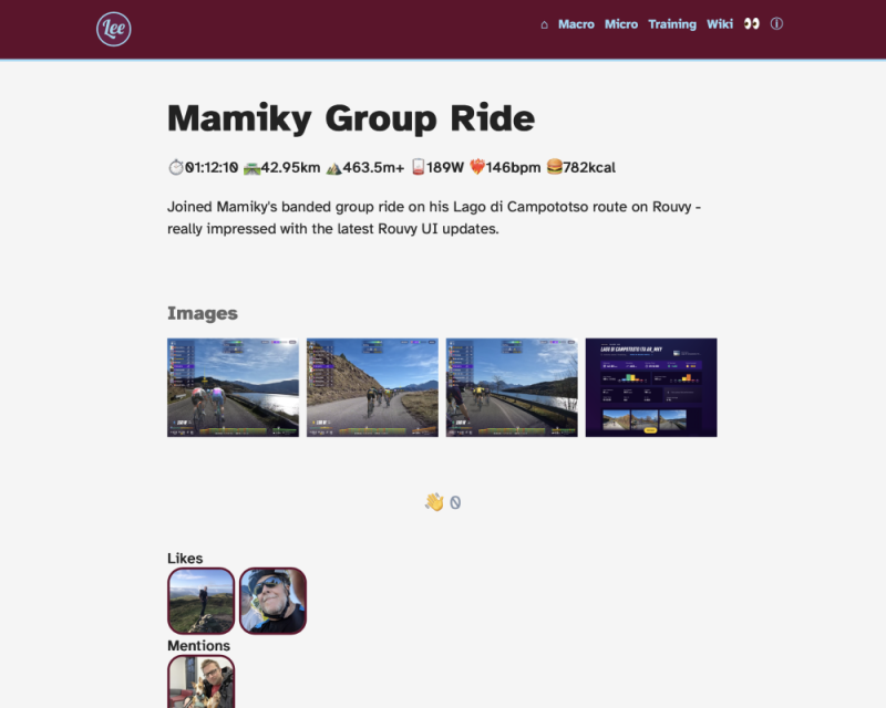 Screenshot from my website showing more fun run and ride activity data at the top of each page with appropriate emojis for each metric.