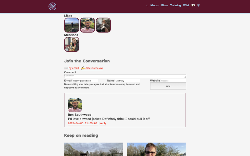 Screenshot of the bottom section of my weeb page template with mention streams feeding in from the IndieWeb using Maurice Renck's indieConnector and Komments plugins.