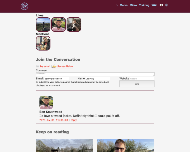 Screenshot of the bottom section of my weeb page template with mention streams feeding in from the IndieWeb using Maurice Renck's indieConnector and Komments plugins.