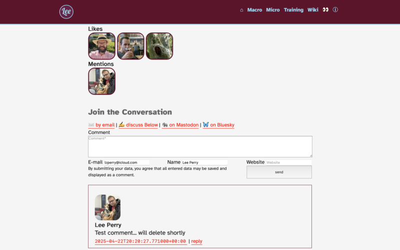 Screenshot of my website showing a test comment from bluesky land on my last micropost, a test comment from Mastodon sits below the fold and outwith this image.