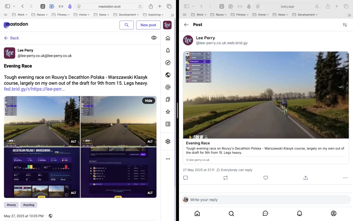 Screen shot of two safari windows, with the different representations of a post from bridgy on Mastodon and bluesky as described in post.
