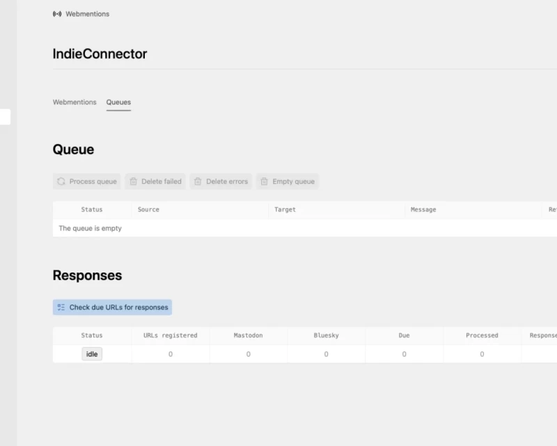 Screenshot showing updated indieconnector mentions and responses queues