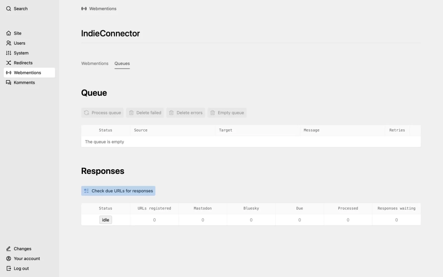 Screenshot showing updated indieconnector mentions and responses queues