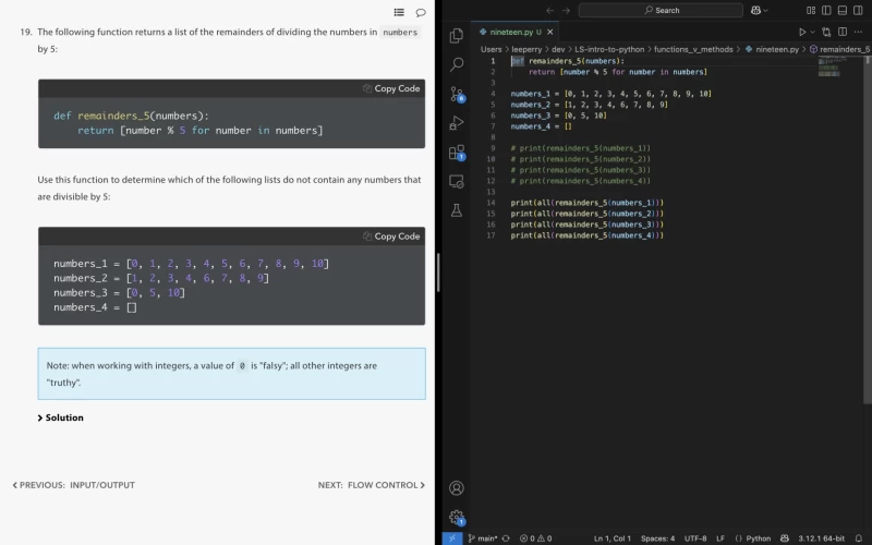 Screenshot showing assignment instructions from LaunchSchool to the left of the screen, and implementation in VSCode to the right half