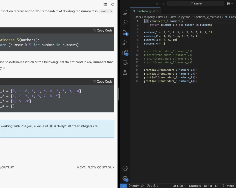 Screenshot showing assignment instructions from LaunchSchool to the left of the screen, and implementation in VSCode to the right half