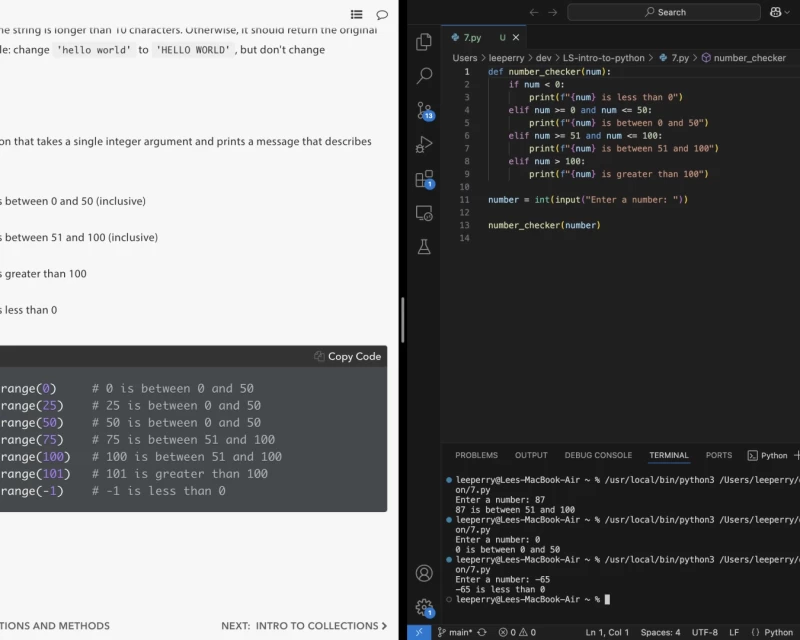 Screenshot showing Launch school instructions to the left of the screen, and IDE implementation of a function comparing a number to a series of if/elif statements.