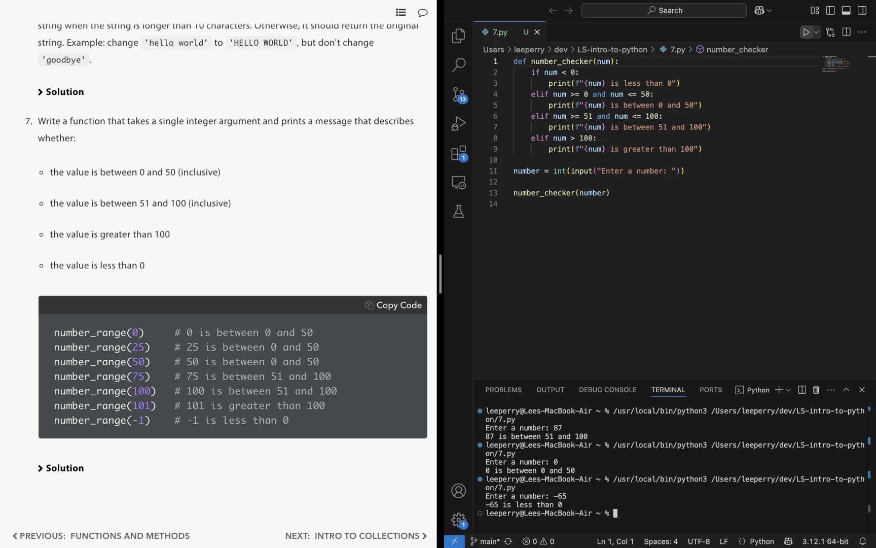 Screenshot showing Launch school instructions to the left of the screen, and IDE implementation of a function comparing a number to a series of if/elif statements.