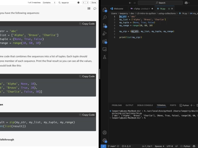 Screenshot with Launchshool exercise instructions on the left, and vscode to the right - with a zip exercise being run.