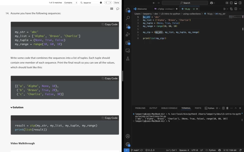 Screenshot with Launchshool exercise instructions on the left, and vscode to the right - with a zip exercise being run.