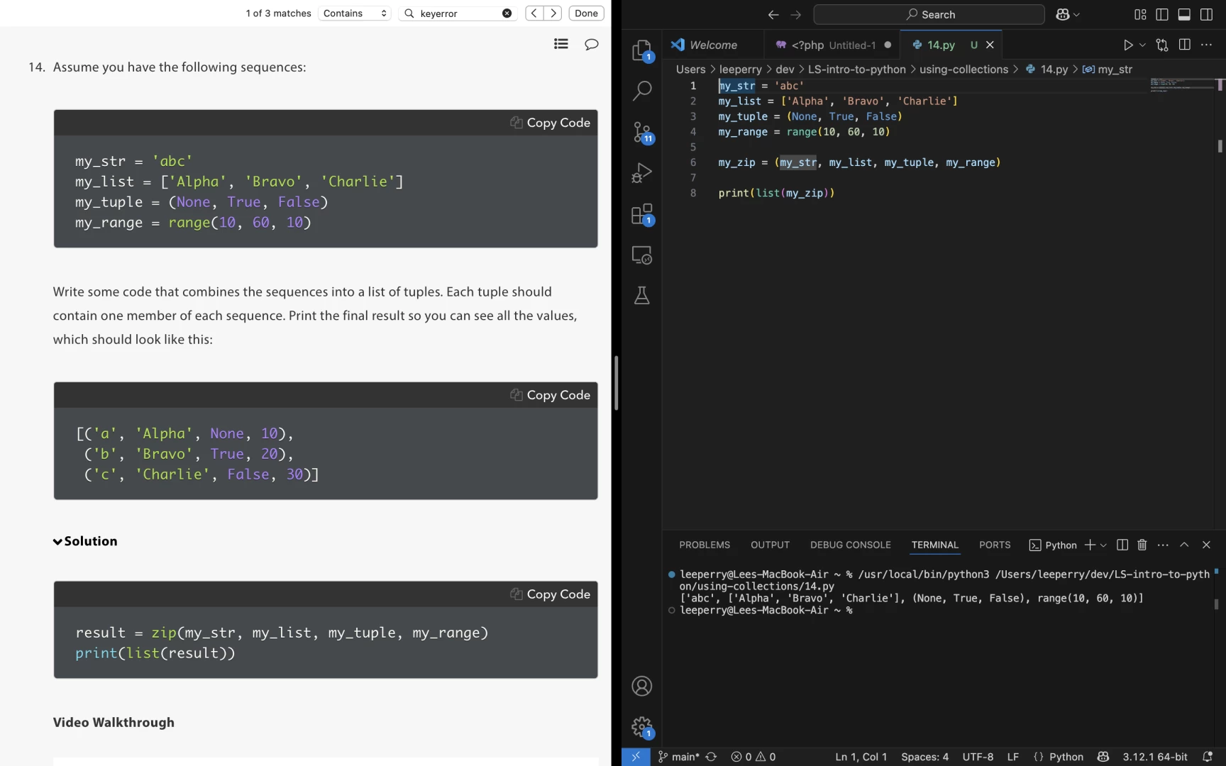 Screenshot with Launchshool exercise instructions on the left, and vscode to the right - with a zip exercise being run.
