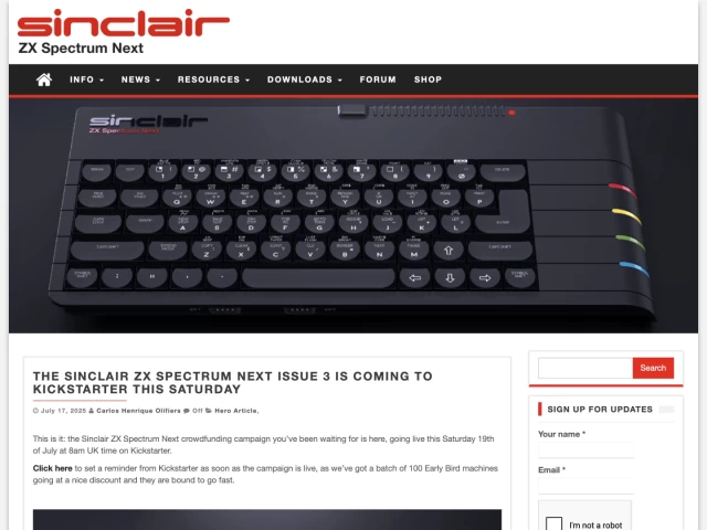 Screenshot from specnext.com website showing an image of the Spectrum Next at the top of an article announcing their kickstarter 3