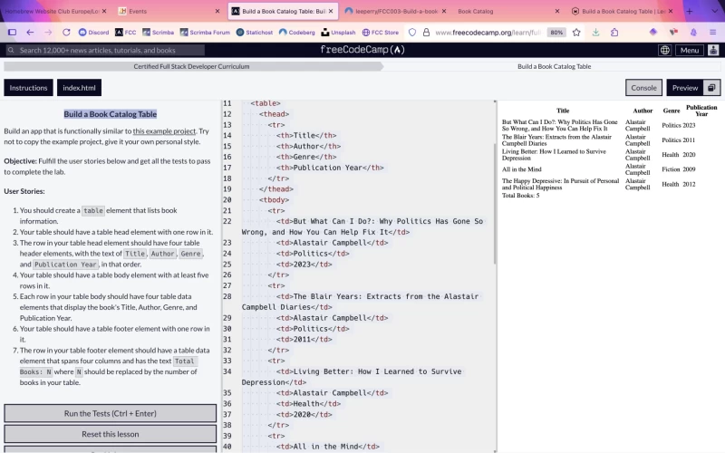 Screenshot from FreeCodeCamp showing instructions in the left pane, html in the central pane, and live output of the table being built in the right pane