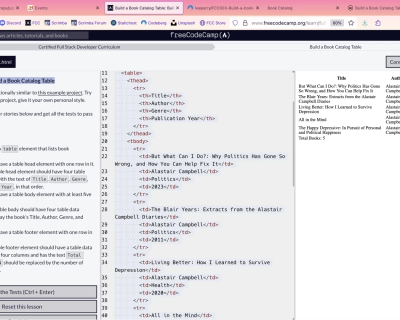 Screenshot from FreeCodeCamp showing instructions in the left pane, html in the central pane, and live output of the table being built in the right pane