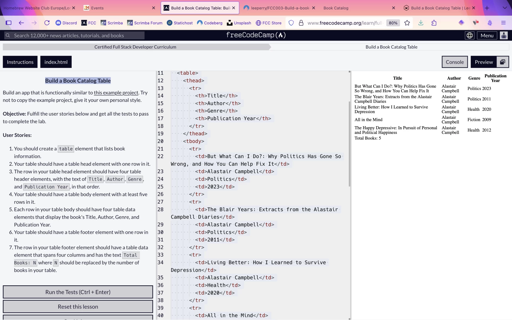 Screenshot from FreeCodeCamp showing instructions in the left pane, html in the central pane, and live output of the table being built in the right pane