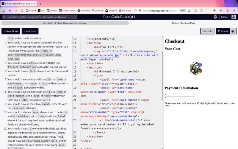 Browser screenhsot with assignment instructions in the left pane, code editor in the center, and html preview of a checkout page to the right