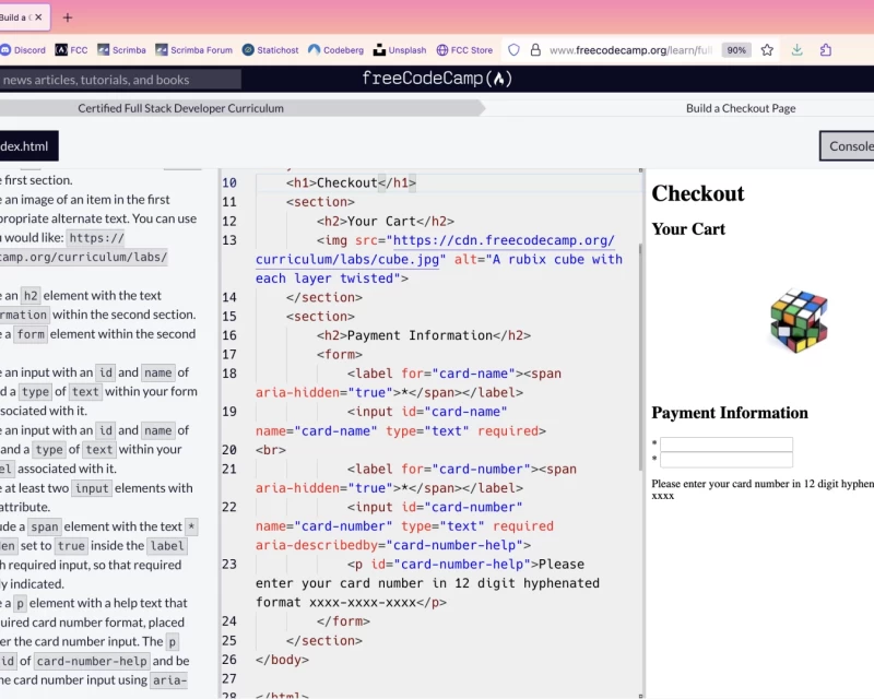 Browser screenhsot with assignment instructions in the left pane, code editor in the center, and html preview of a checkout page to the right