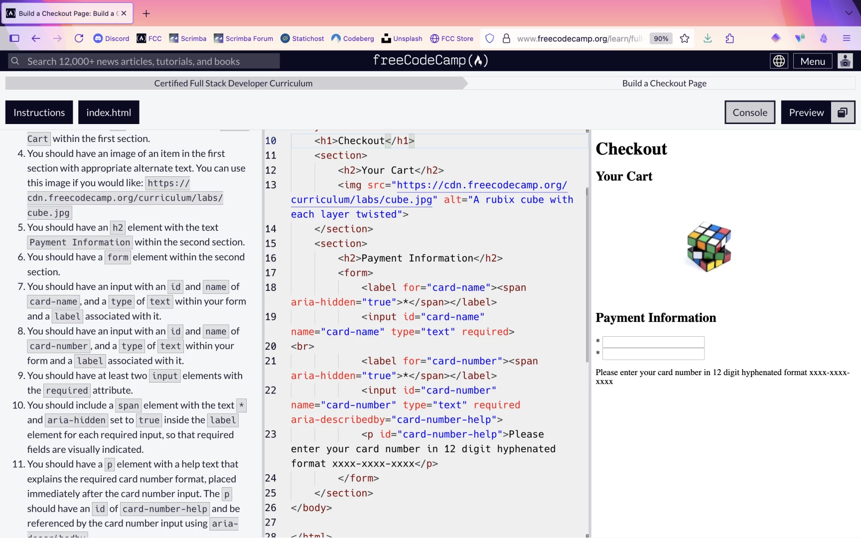 Browser screenhsot with assignment instructions in the left pane, code editor in the center, and html preview of a checkout page to the right