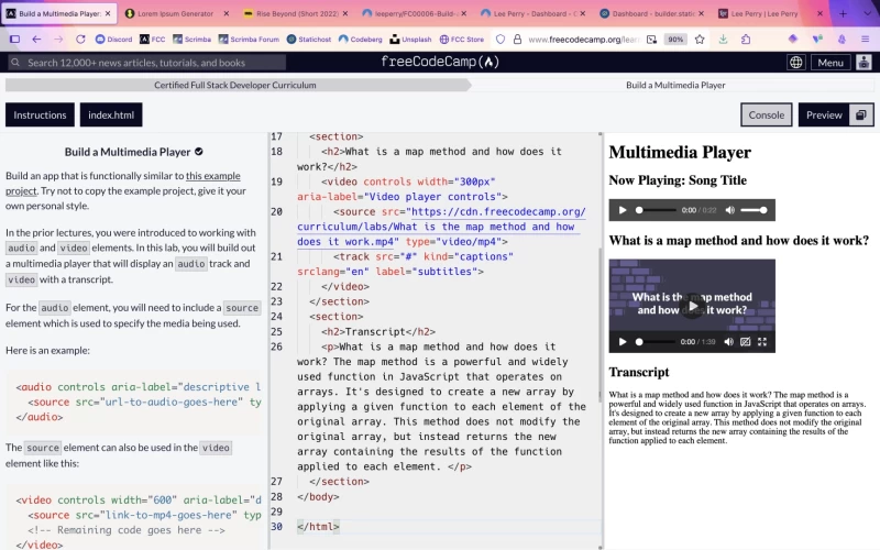 Screenshot of the FreeCodeCamp IDE with assignment to left, code to centre, and multimediaplayer project build in the right pane.
