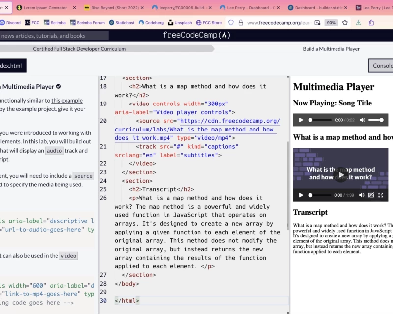 Screenshot of the FreeCodeCamp IDE with assignment to left, code to centre, and multimediaplayer project build in the right pane.