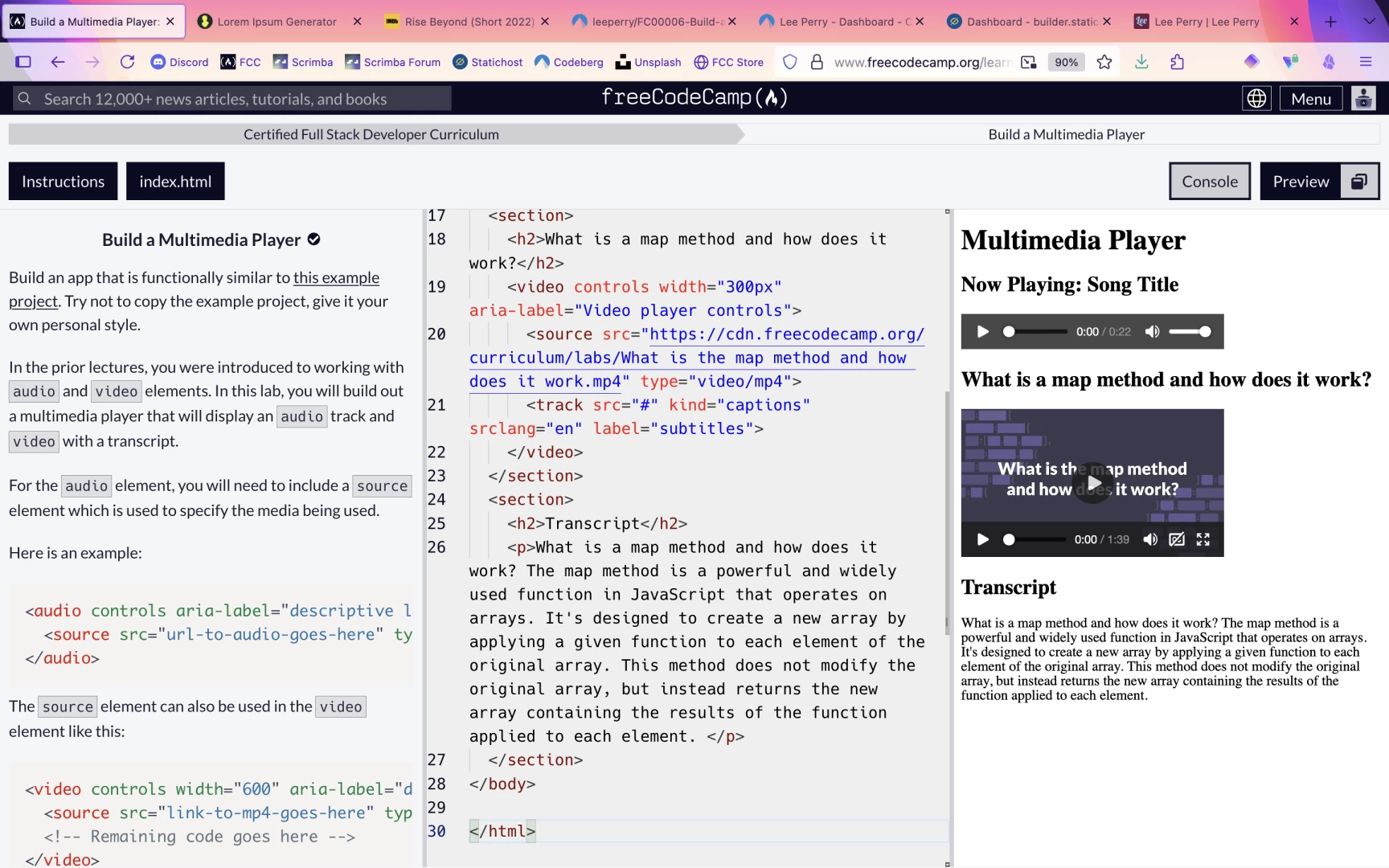 Screenshot of the FreeCodeCamp IDE with assignment to left, code to centre, and multimediaplayer project build in the right pane.