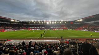Looking across the pitch early in the match as Burnley and Stoke City play football in the Championship at the Bet 365 Stadium in Stoke.
